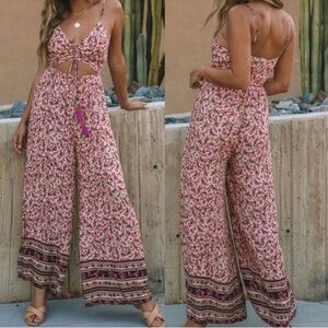 Vici Pink Floral Jumpsuit with Wide-Leg Design